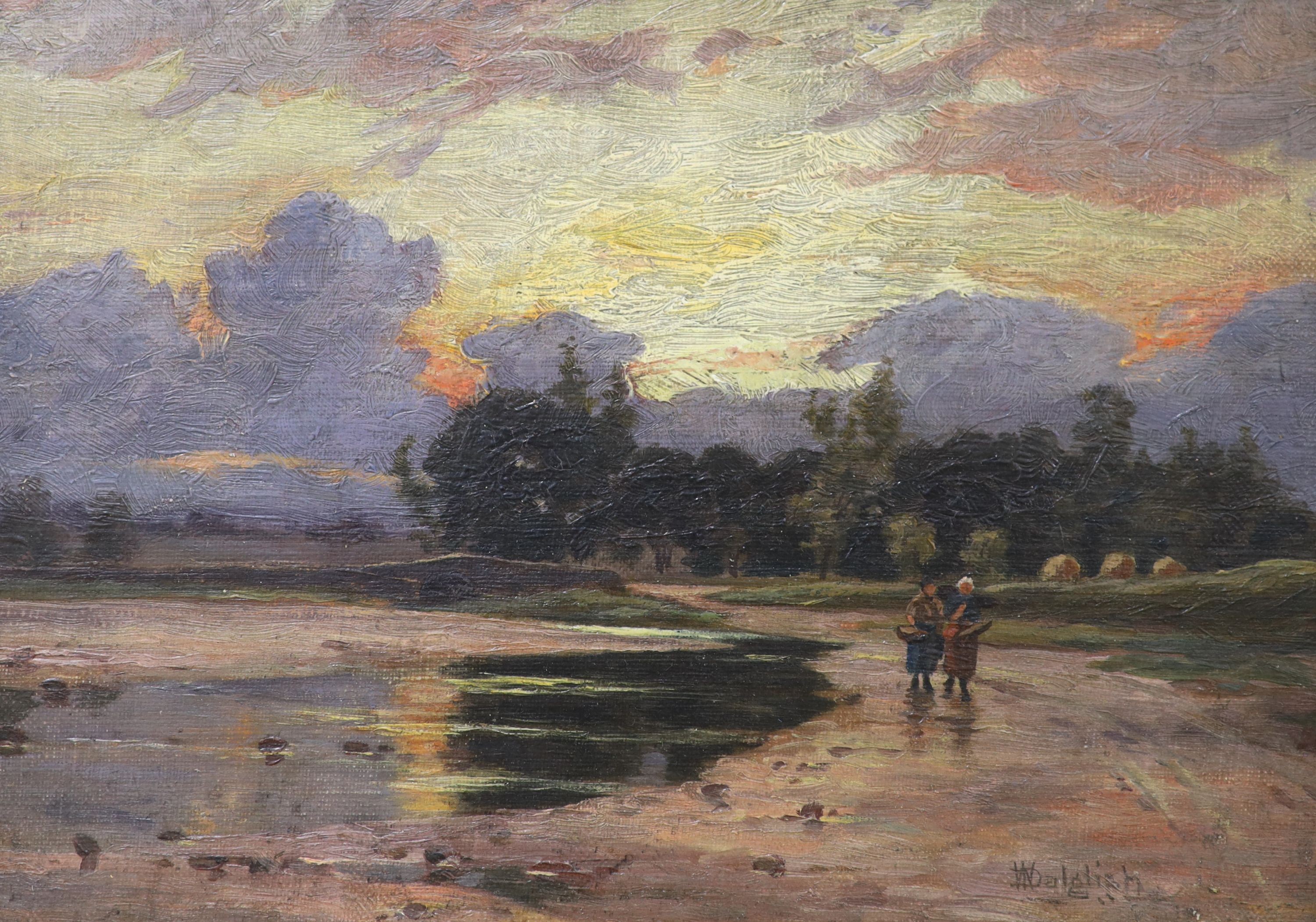 William Dalgleish (1860-1909), Figures in a landscape at sunset, Oil on canvas, 19 x 27cm.